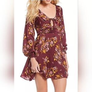 Free People Dress Morning Light Mini Purple Floral Keyhole sz10 Whimsy Fairy EUC